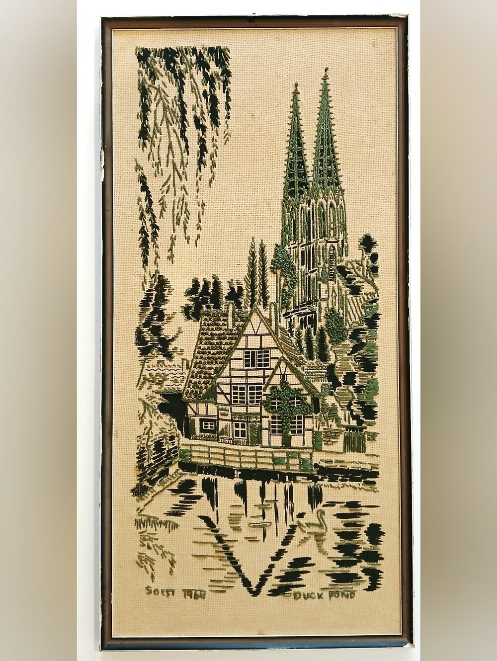Vintage Embroidered Village Pond Scene Wall Art in Green and Cream